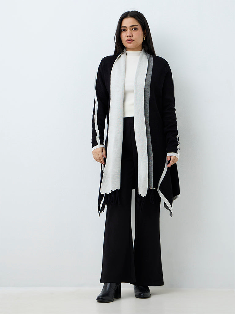 Gia Black Contrast-Detail Longline Cardigan