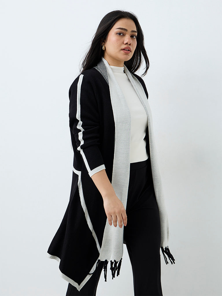 Gia Black Contrast-Detail Longline Cardigan
