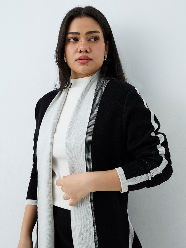 Gia Black Contrast-Detail Longline Cardigan