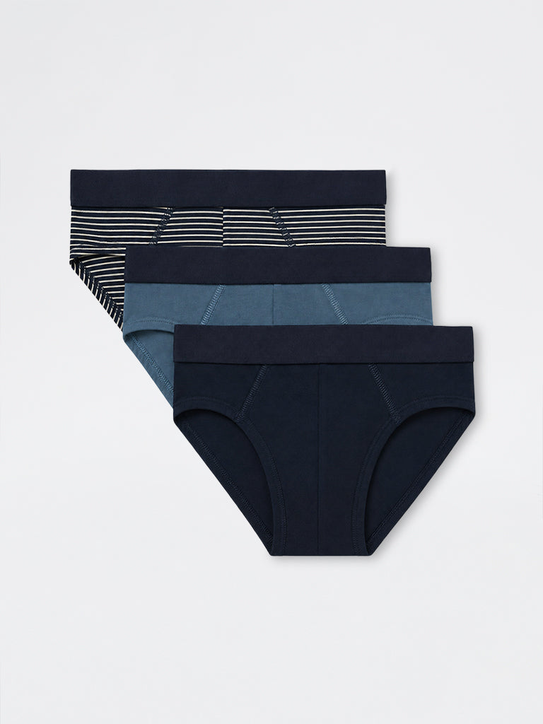 WES Lounge Navy Relaxed-Fit Cotton-Blend Briefs- Pack of 3