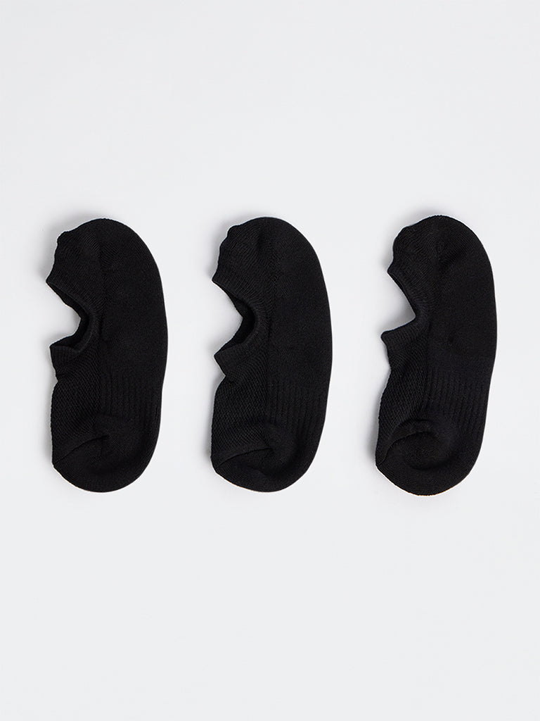 WES Lounge Black Solid Cotton-Blend Sneaker Socks - Pack of 3