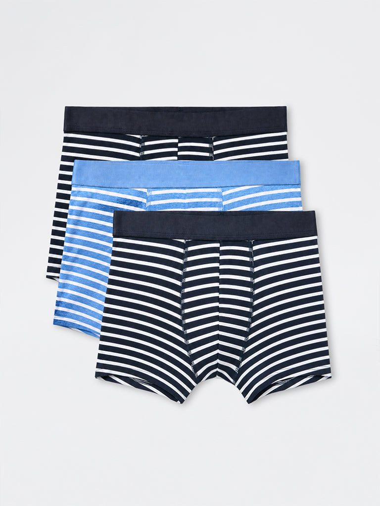 WES Lounge Navy Striped Relaxed-Fit Cotton-Blend Trunks - Pack of 3