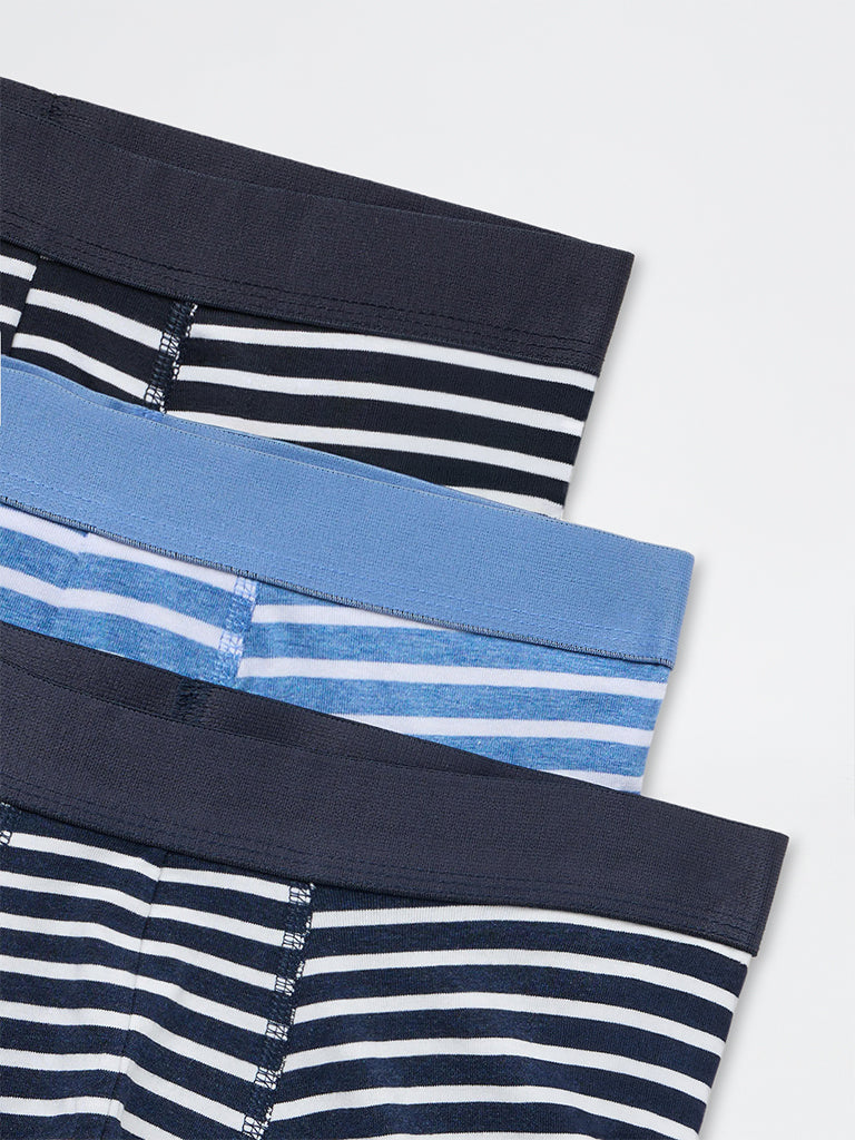 WES Lounge Navy Striped Relaxed-Fit Cotton-Blend Trunks - Pack of 3