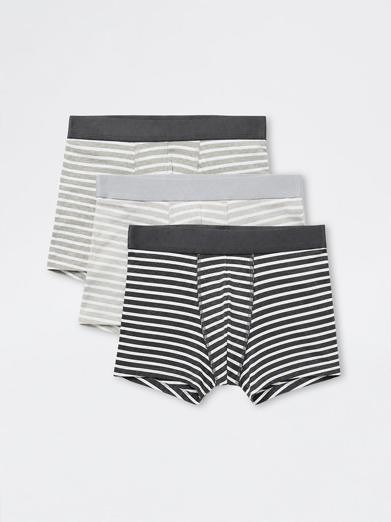 WES Lounge Grey Striped Relaxed-Fit Cotton-Blend Trunks - Pack of 3