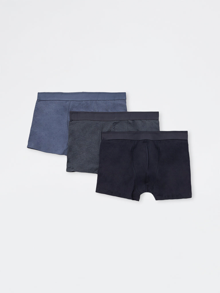 WES Lounge Navy Striped Relaxed-Fit Cotton-Blend Trunks - Pack of 3