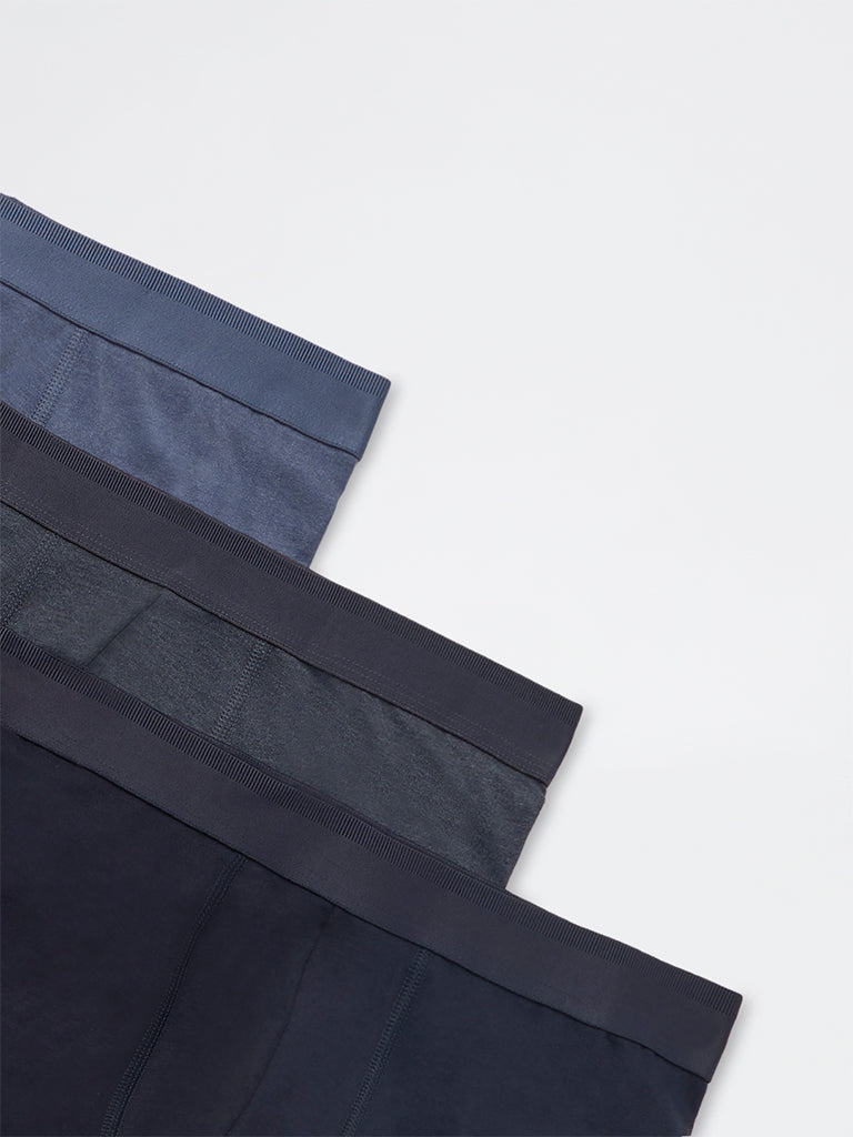 WES Lounge Navy Striped Relaxed-Fit Cotton-Blend Trunks - Pack of 3
