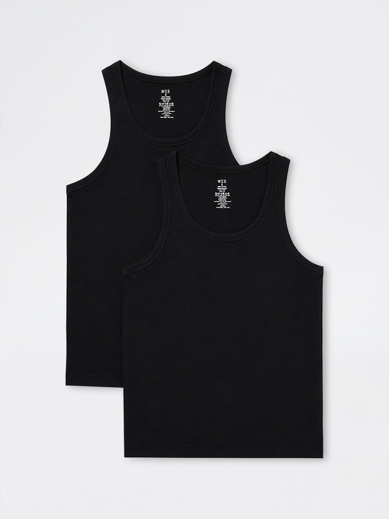 WES Lounge Black Solid Relaxed-Fit Cotton Vests - Pack of 2