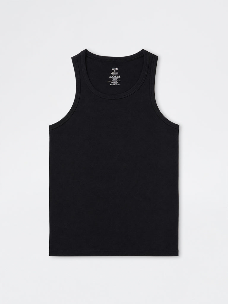 WES Lounge Black Solid Relaxed-Fit Cotton Vests - Pack of 2