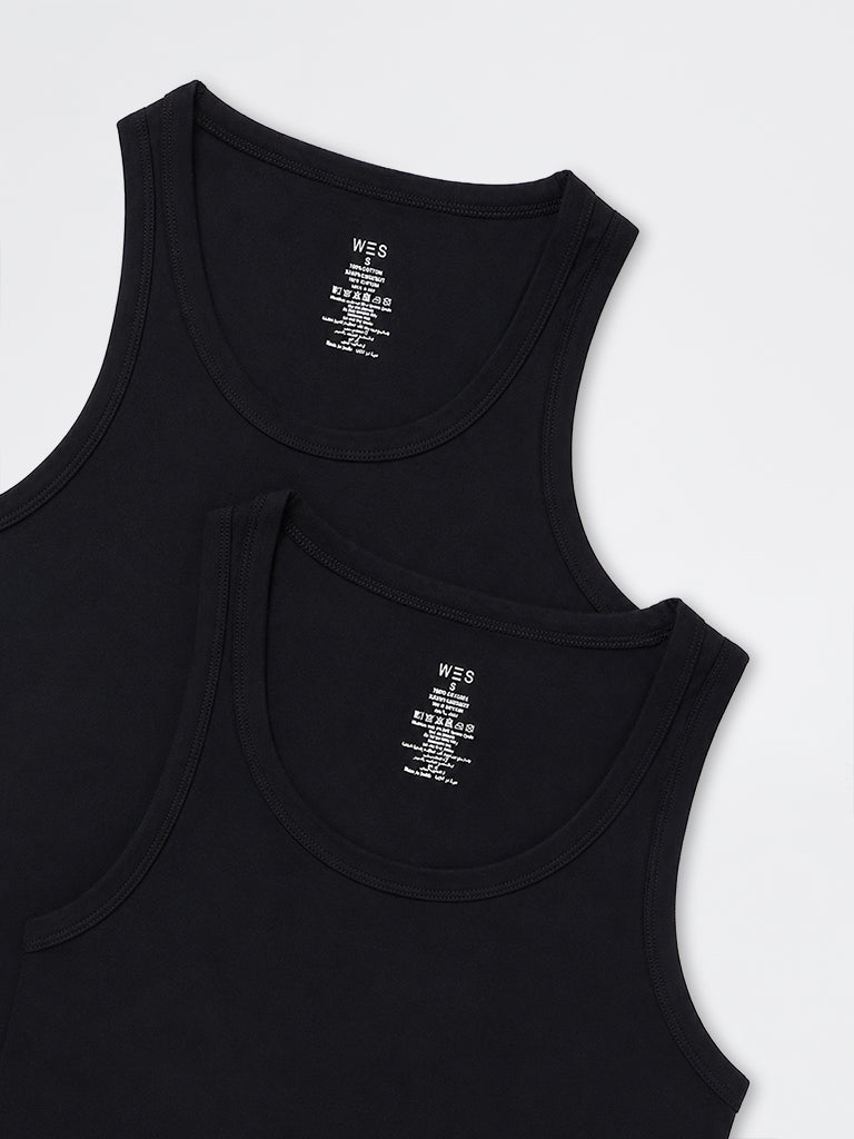 WES Lounge Black Solid Relaxed-Fit Cotton Vests - Pack of 2