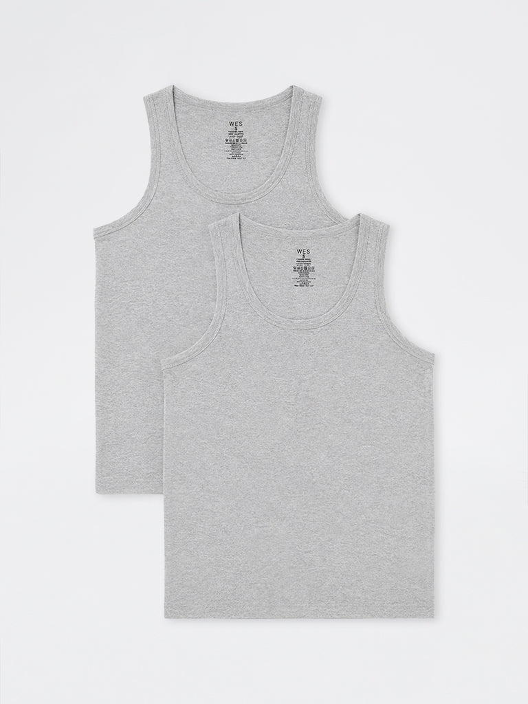 WES Lounge Grey Melange Relaxed-Fit Cotton-Blend Vests - Pack of 2