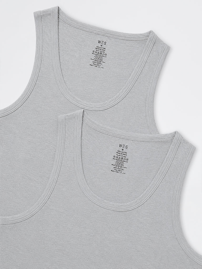 WES Lounge Grey Melange Relaxed-Fit Cotton-Blend Vests - Pack of 2