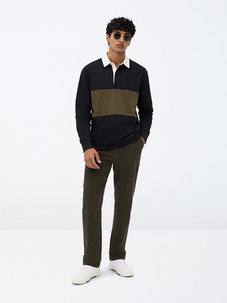 WES Casuals Dark Olive Corduroy Relaxed-Fit Mid-Rise Cotton-Blend Chinos
