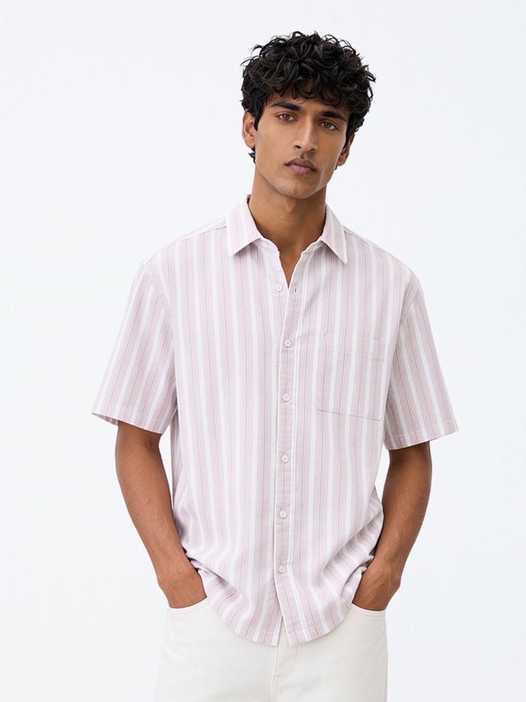 WES Casuals Pink Striped Relaxed-Fit Cotton Shirt