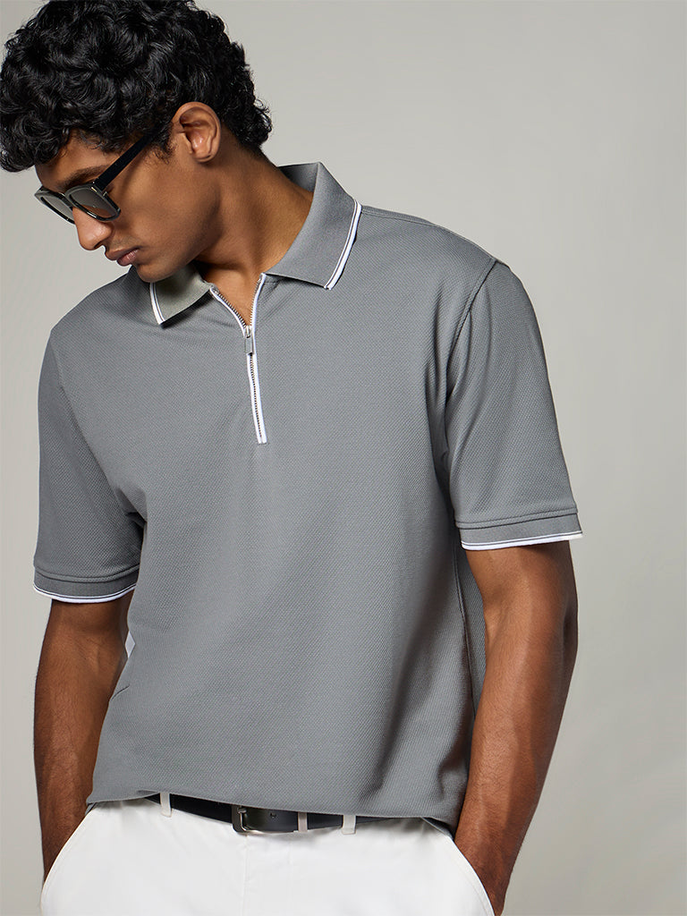 WES Casuals Grey Relaxed-Fit Cotton-Blend Polo T-Shirt