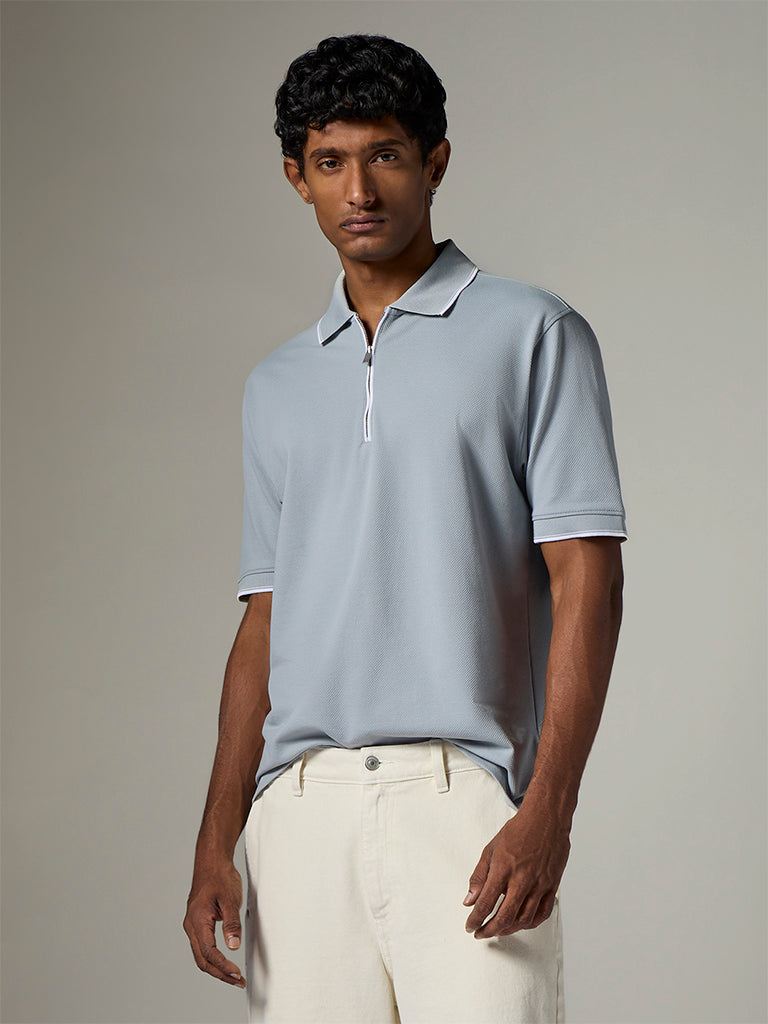 WES Casuals Dusty Blue Relaxed-Fit Cotton-Blend Polo T-Shirt