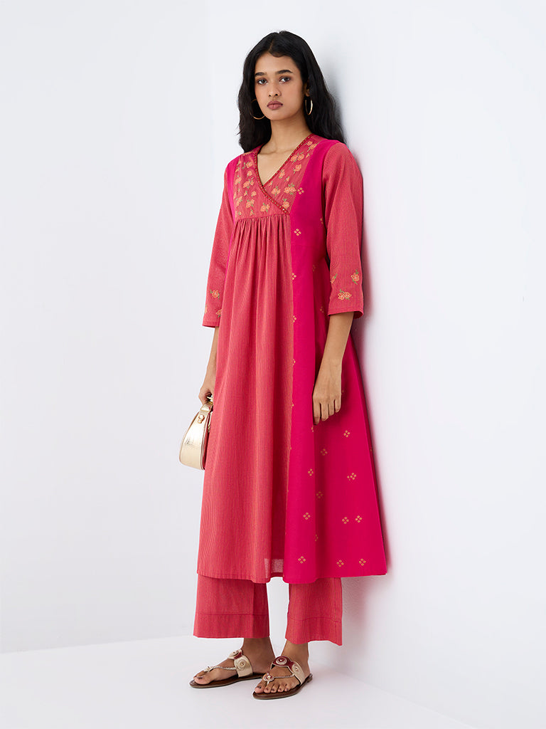 Utsa Pink Floral Embroidered Cotton Empire-Line Kurta