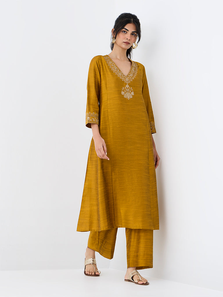 Utsa Mustard Zari Embroidered Cotton A-Line Kurta