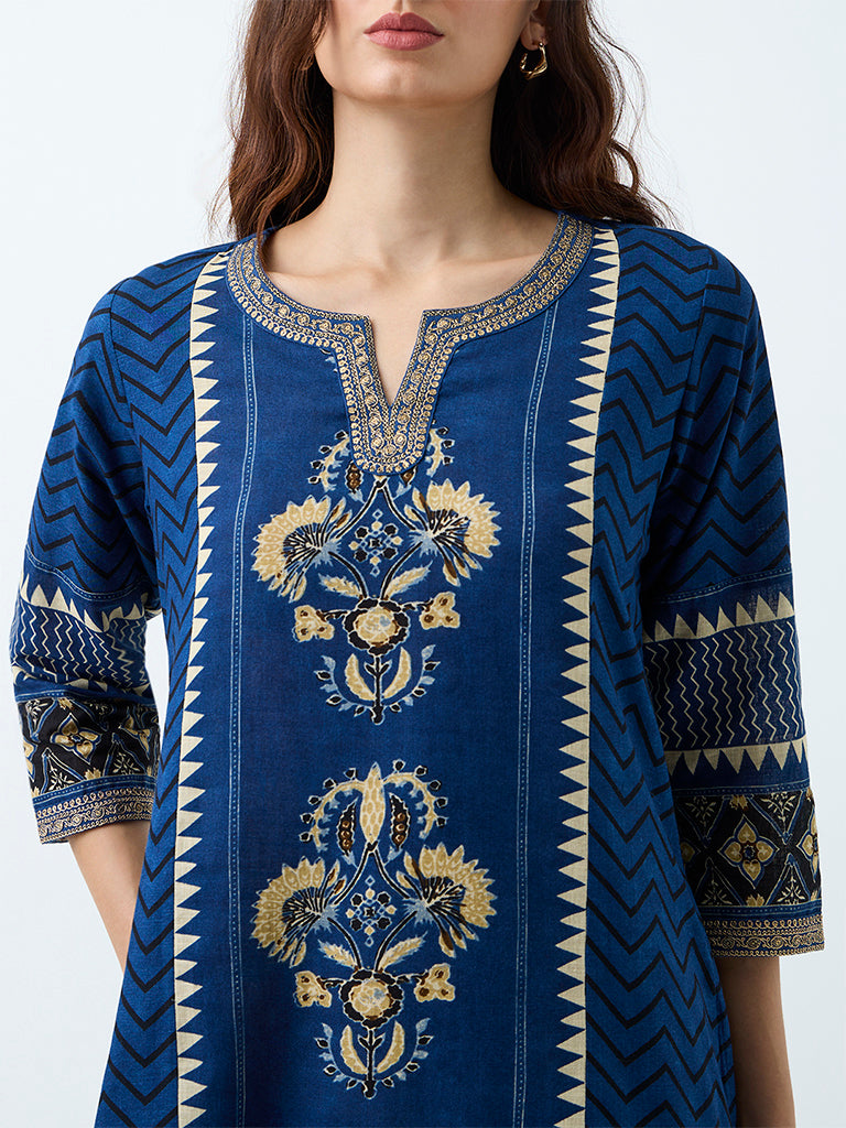 Utsa Indigo Floral Printed Cotton A-Line Kurta