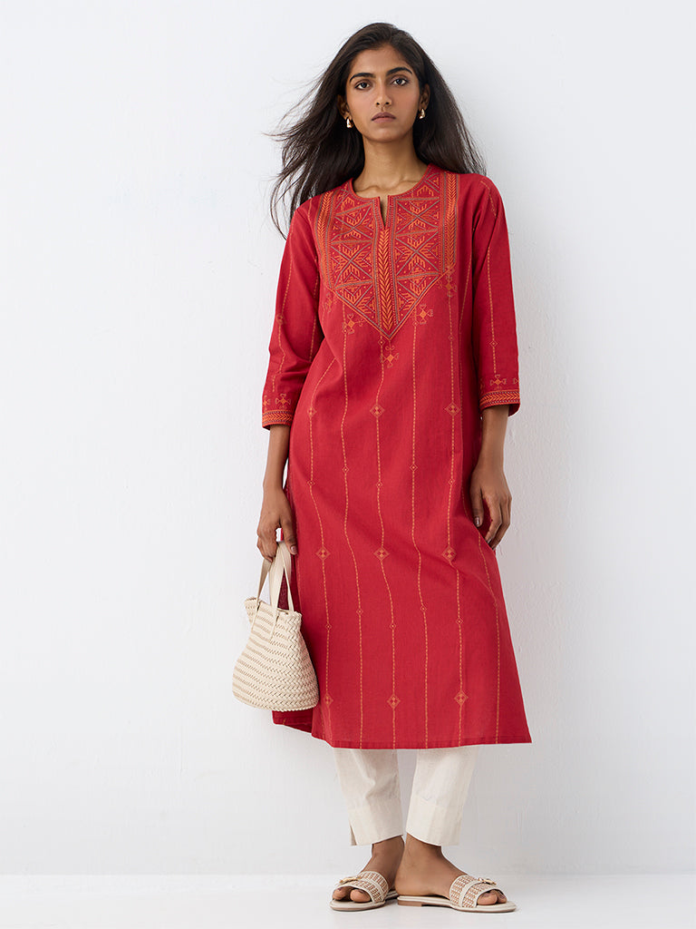 Utsa Red Geometric Embroidered Cotton-Blend A-Line Kurta