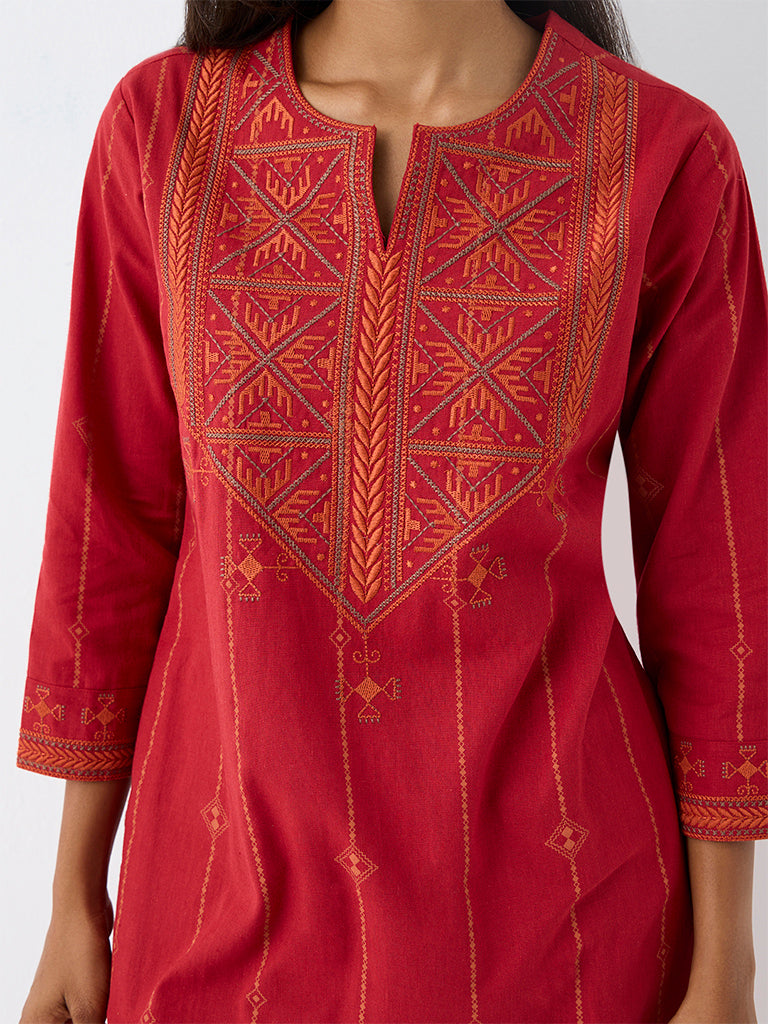 Utsa Red Geometric Embroidered Cotton-Blend A-Line Kurta