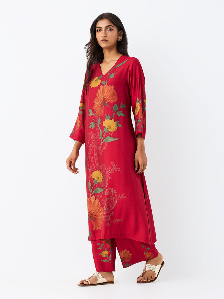 Utsa Red Botanical Printed A-Line Kurta