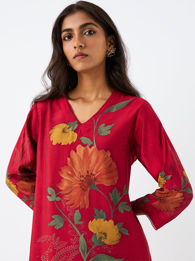 Utsa Red Botanical Printed A-Line Kurta