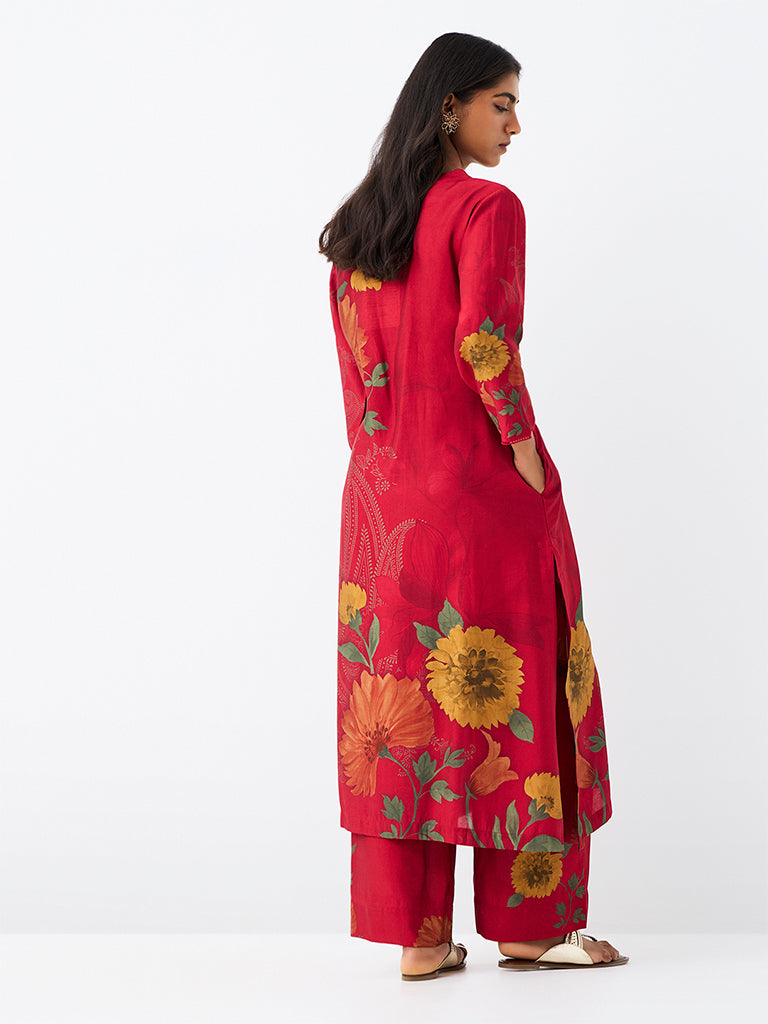 Utsa Red Botanical Printed A-Line Kurta