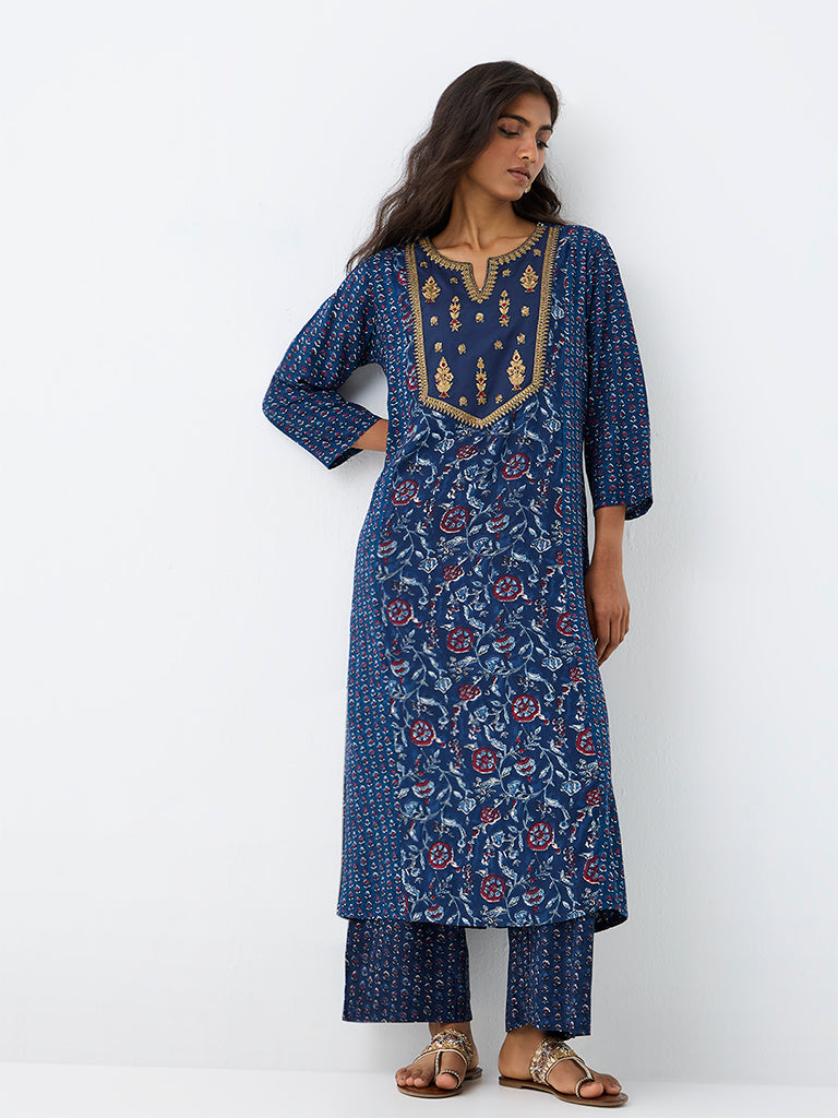 Utsa Indigo Floral Printed A-Line Kurta