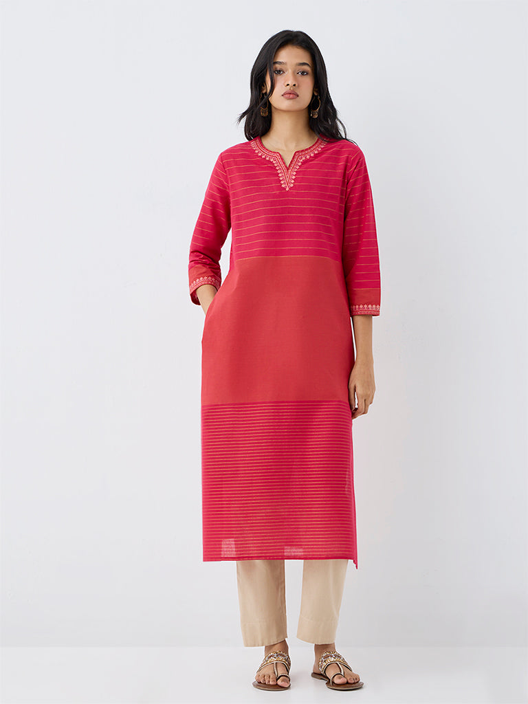 Utsa Pink Colour-Blocked Cotton A-Line Kurta