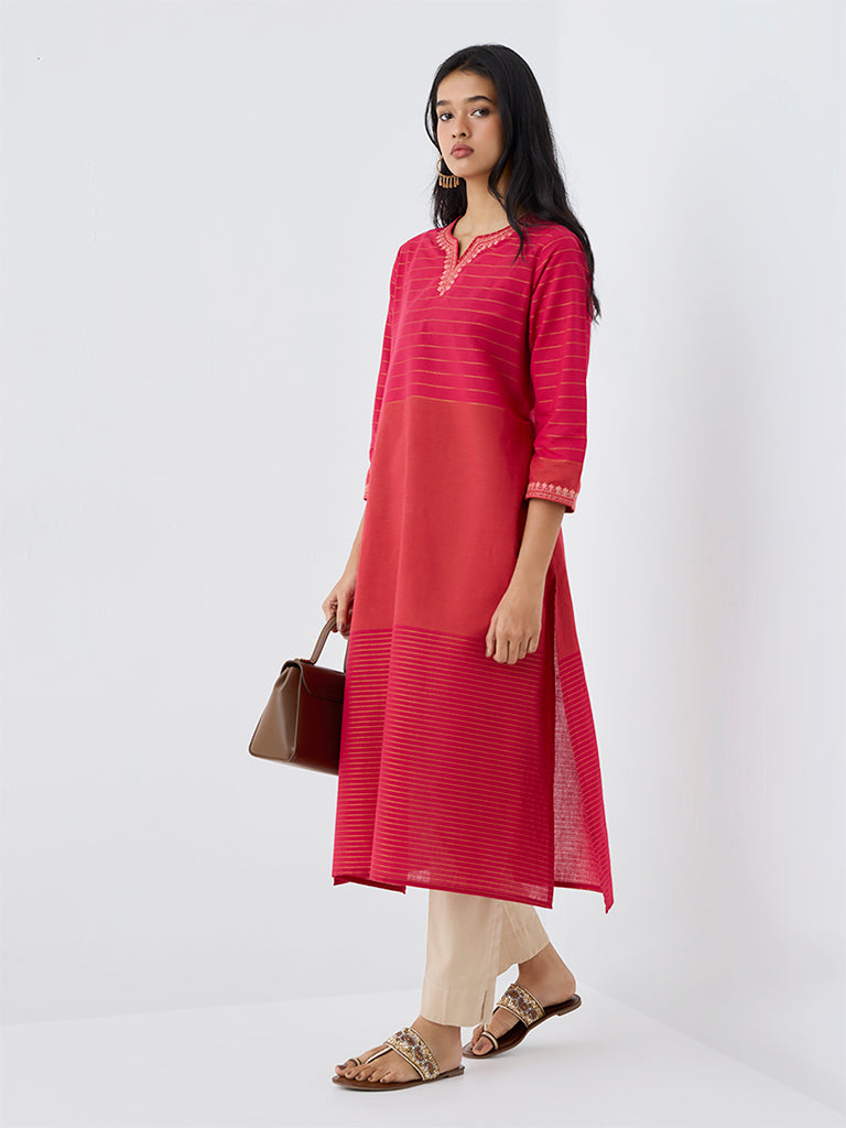 Utsa Pink Colour-Blocked Cotton A-Line Kurta