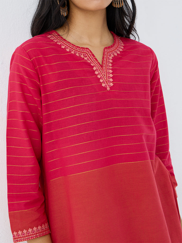 Utsa Pink Colour-Blocked Cotton A-Line Kurta
