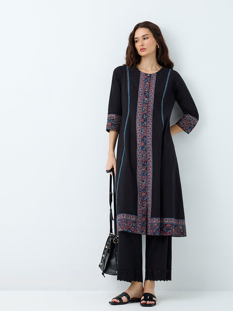 Utsa Black Printed Cotton A-Line Kurta