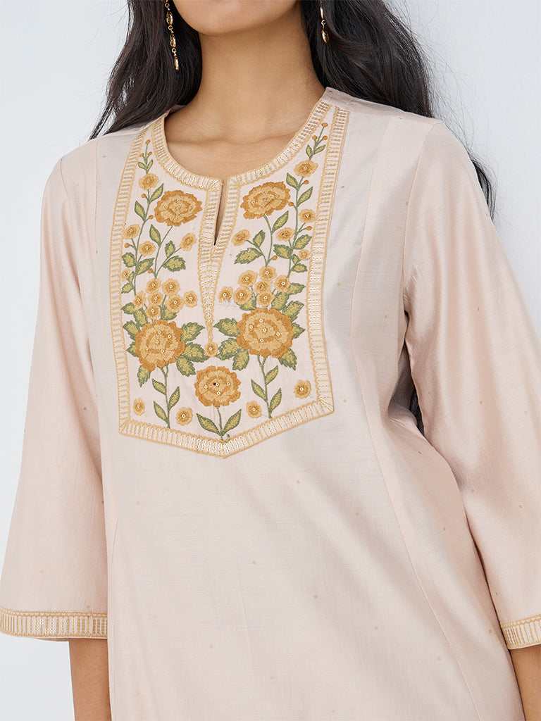 Utsa Light Peach Floral Embroidered Kurti