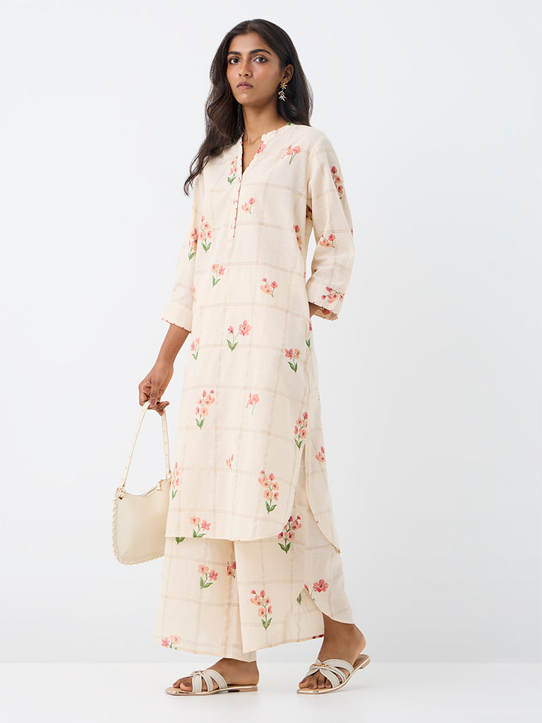 Utsa Off-White Floral Pattern Cotton Straight Kurta