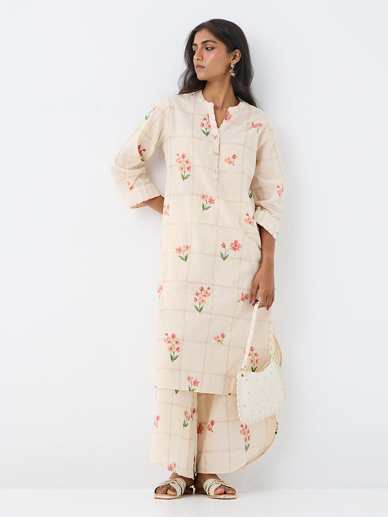 Utsa Off-White Floral Pattern Cotton Straight Kurta