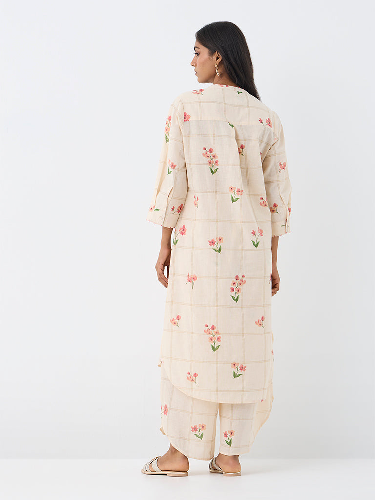 Utsa Off-White Floral Pattern Cotton Straight Kurta
