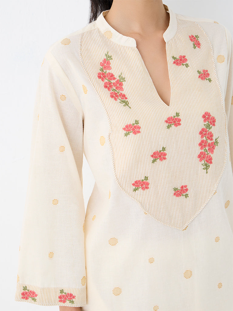 Utsa Off-White Floral Embroidered Cotton A-Line Kurta