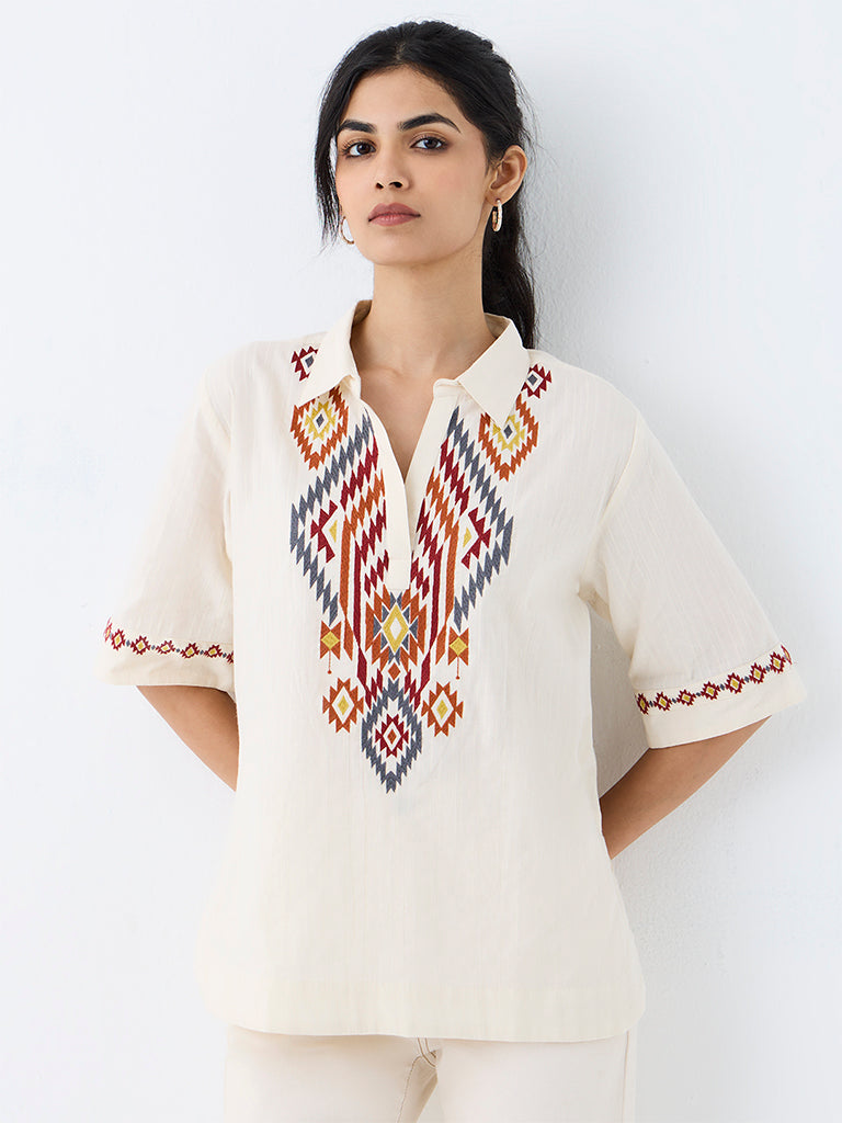Utsa Off-White Geometric Embroidered Cotton Tunic
