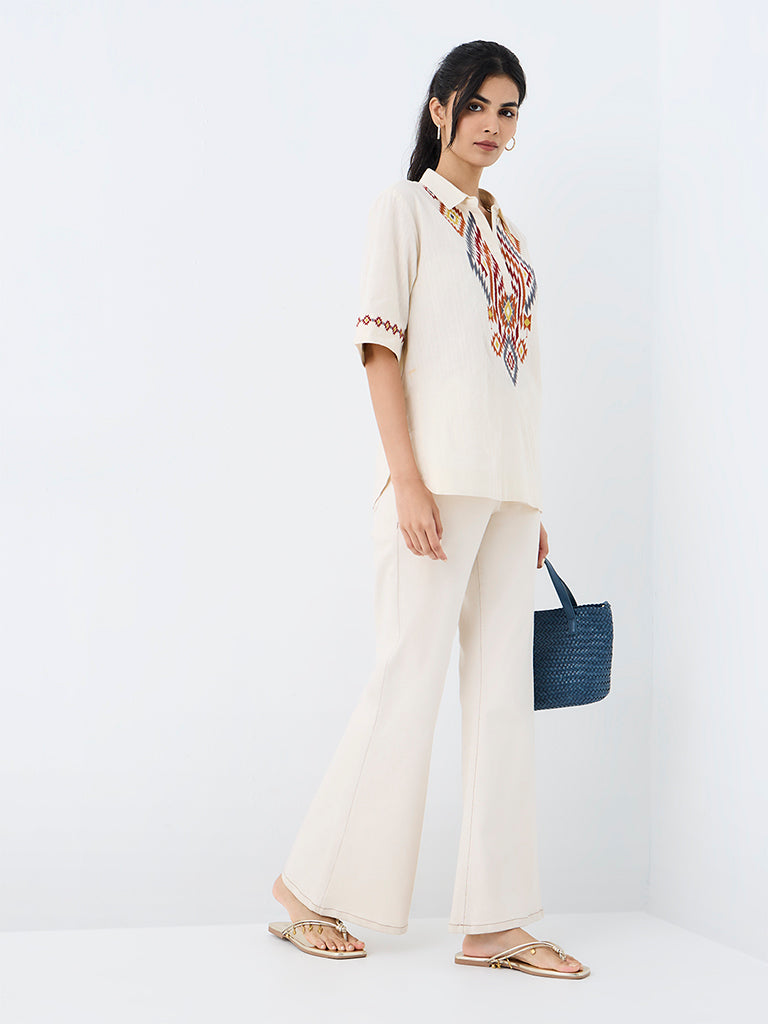 Utsa Off-White Geometric Embroidered Cotton Tunic