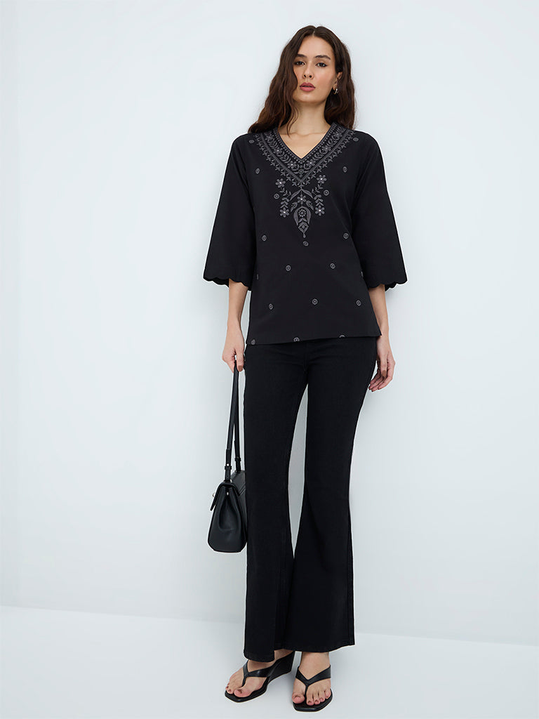 Utsa Black Floral Embroidered Cotton Tunic