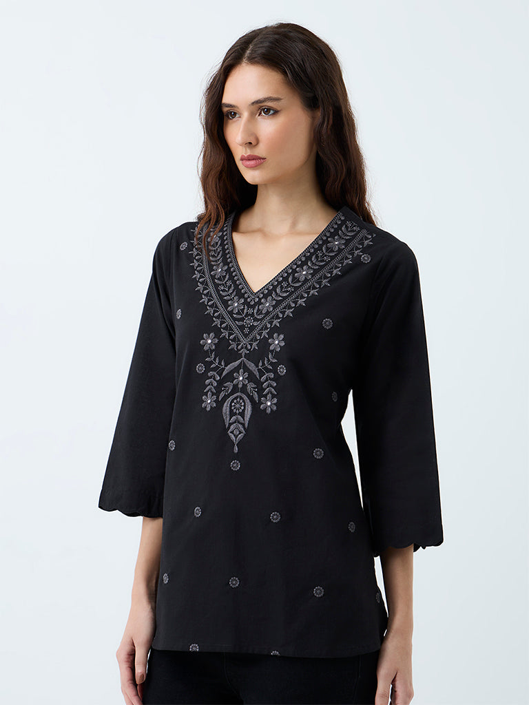 Utsa Black Floral Embroidered Cotton Tunic