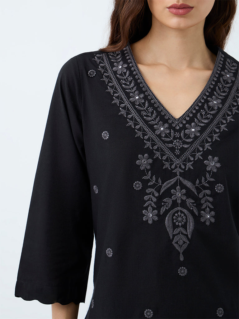 Utsa Black Floral Embroidered Cotton Tunic