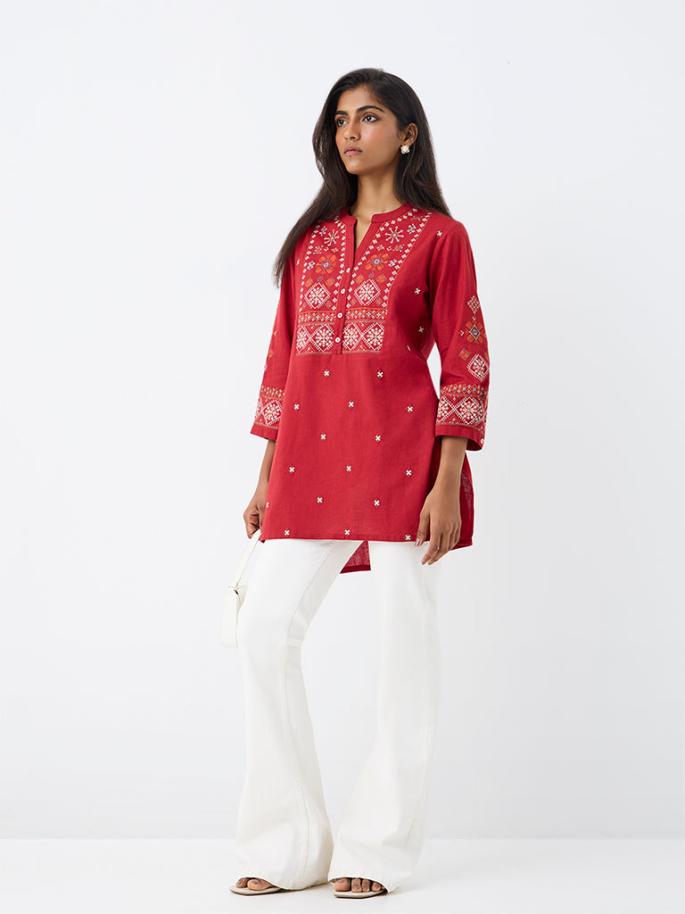 Utsa Red Embroidered Cotton-Blend Tunic