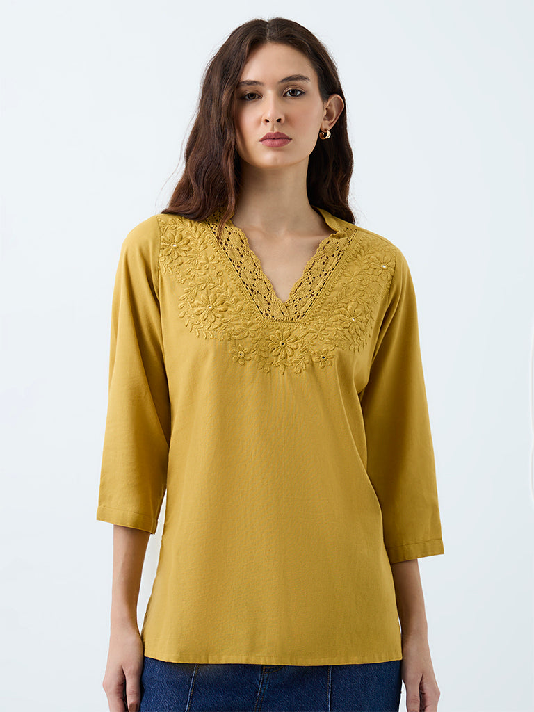 Utsa Light Mustard Floral Embroidered Cotton-Blend Kurti