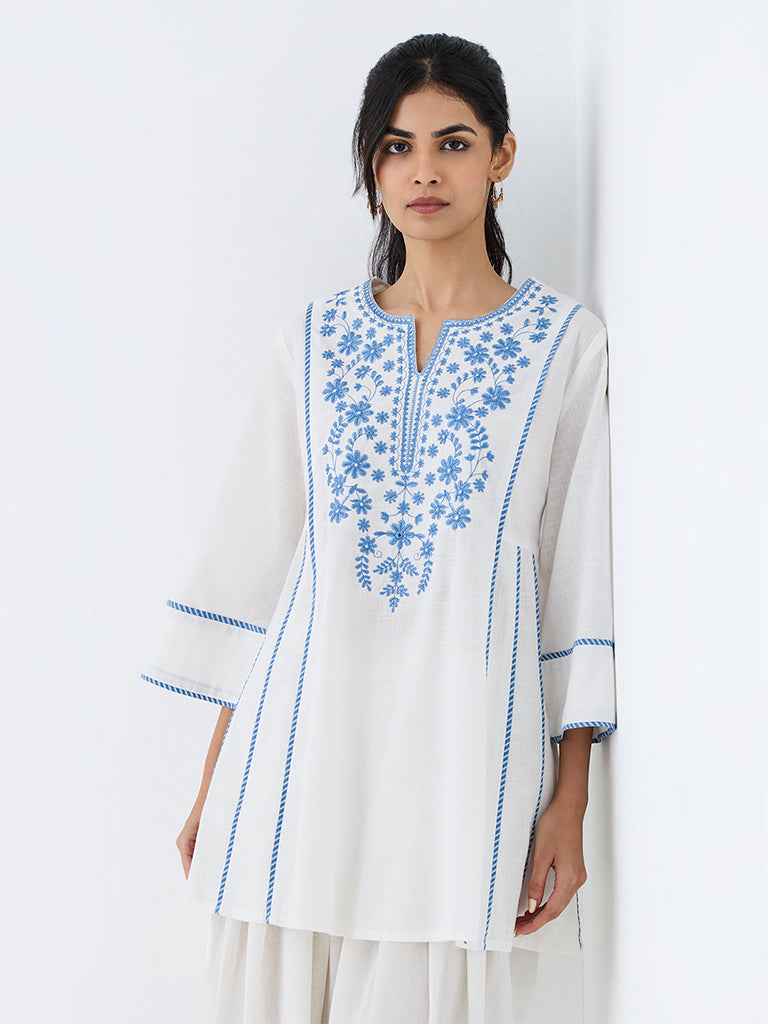 Utsa Off-White Floral Embroidered Cotton Kurti