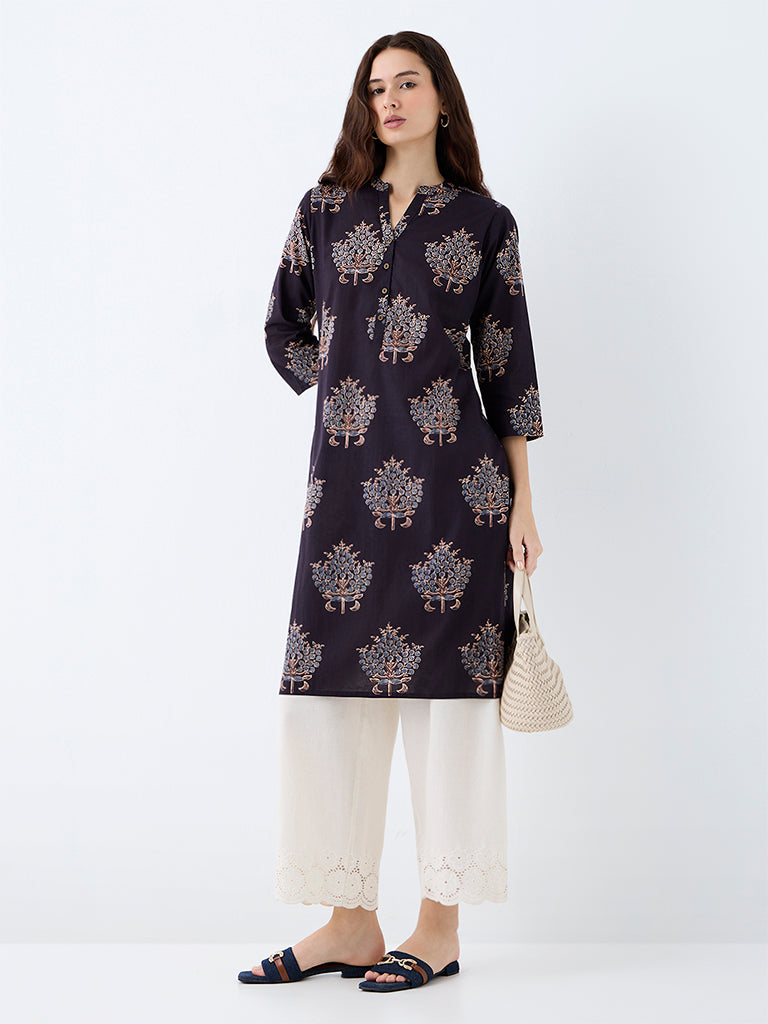 Utsa Black Floral Printed Cotton Straight Kurta