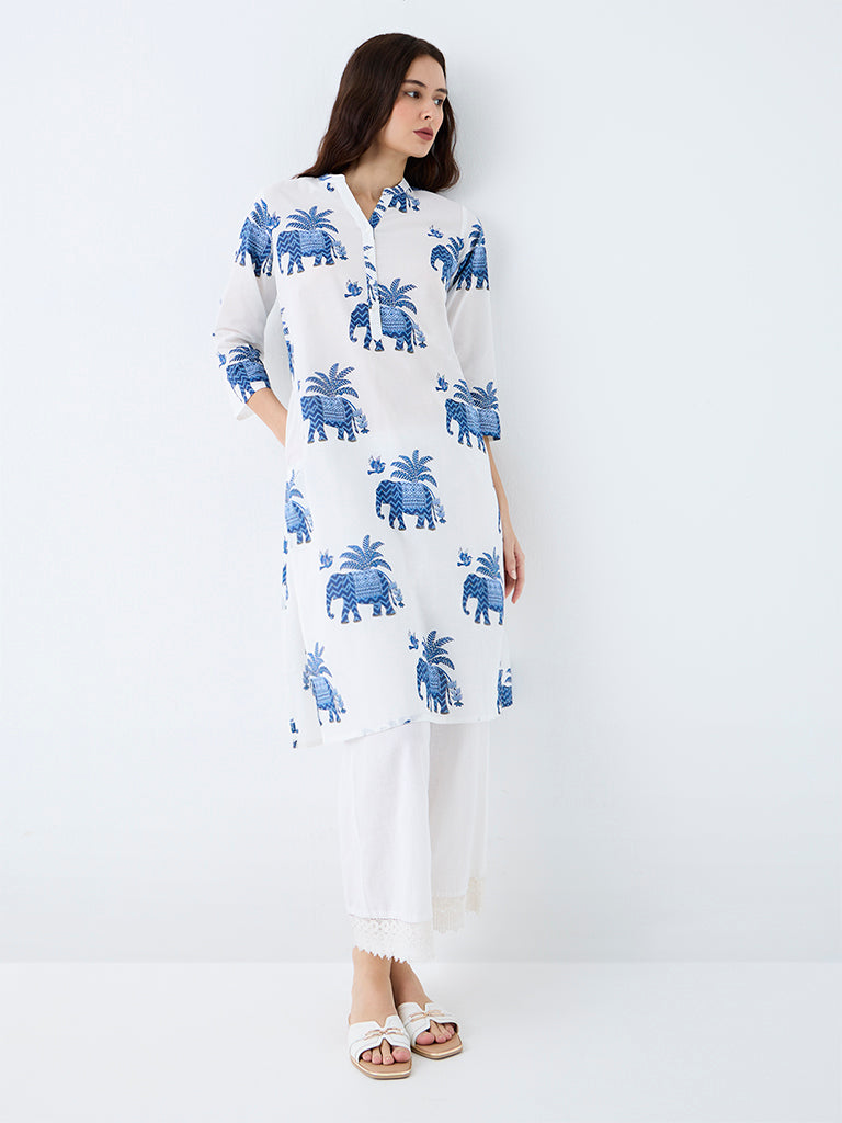 Utsa White Elephant Printed Cotton Straight Kurta