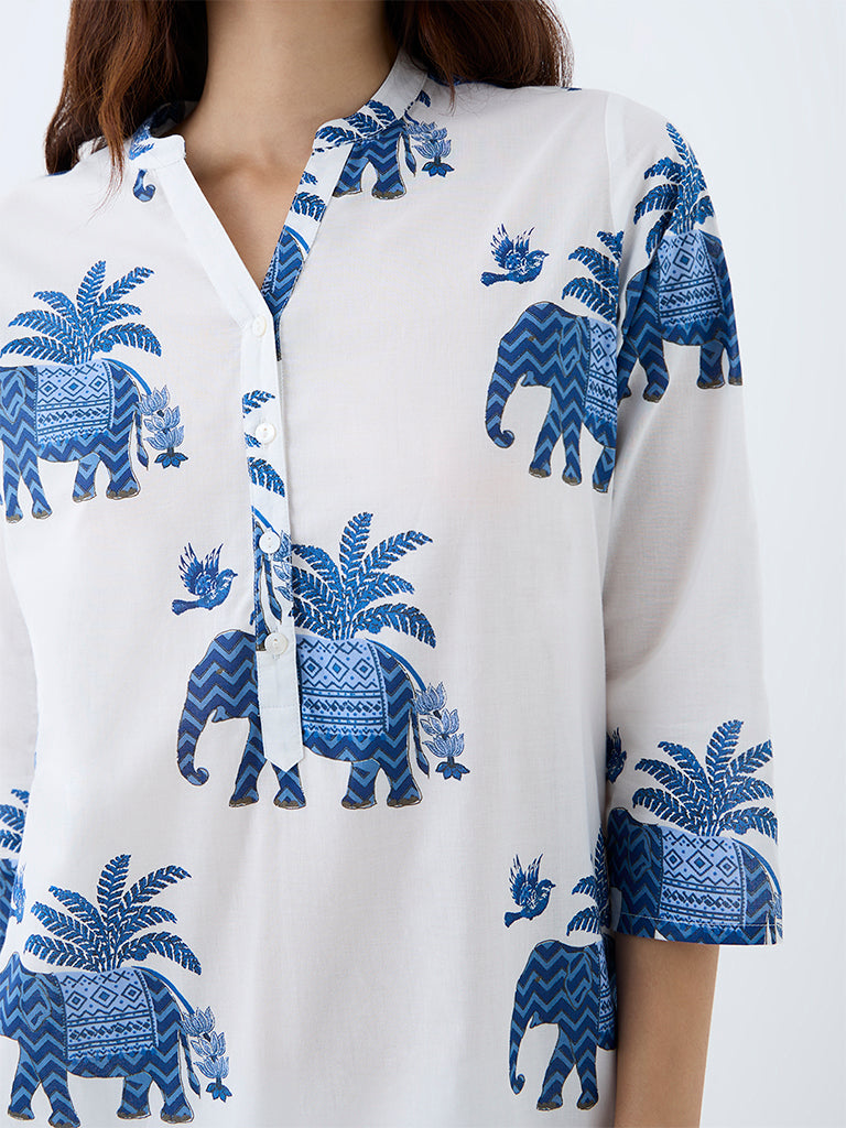 Utsa White Elephant Printed Cotton Straight Kurta