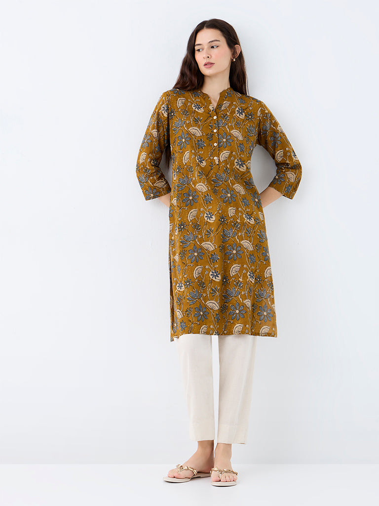 Utsa Mustard Floral Printed Cotton Straight-Fit Kurta