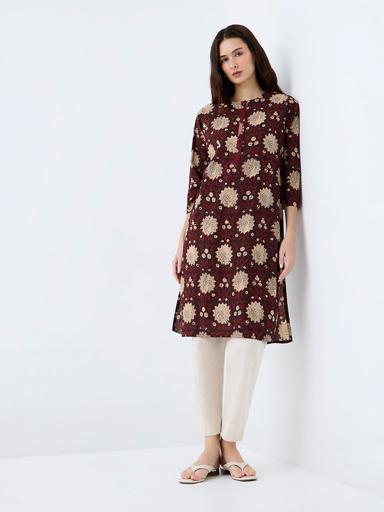 Utsa Dark Brown Floral Printed Cotton Straight Kurta